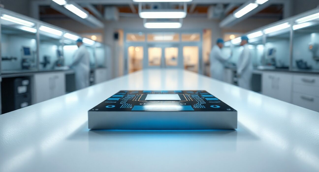 Close-up of a glowing custom AI inference chip on a cleanroom table