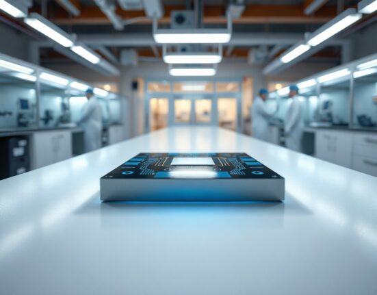 Close-up of a glowing custom AI inference chip on a cleanroom table