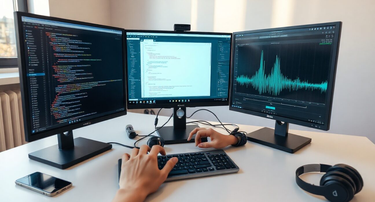 Developer working on OpenAI voice API with waveform visualizations on monitors