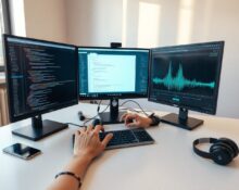 Developer working on OpenAI voice API with waveform visualizations on monitors