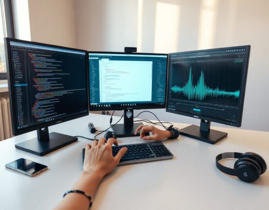 Developer working on OpenAI voice API with waveform visualizations on monitors