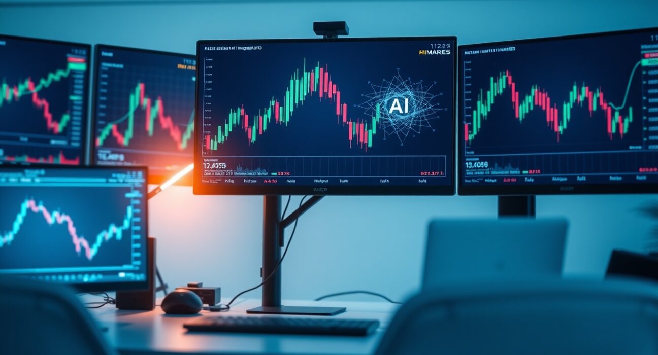 Modern trading desk with AI interface on monitors representing artificial intelligence in financial trading