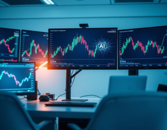 Modern trading desk with AI interface on monitors representing artificial intelligence in financial trading