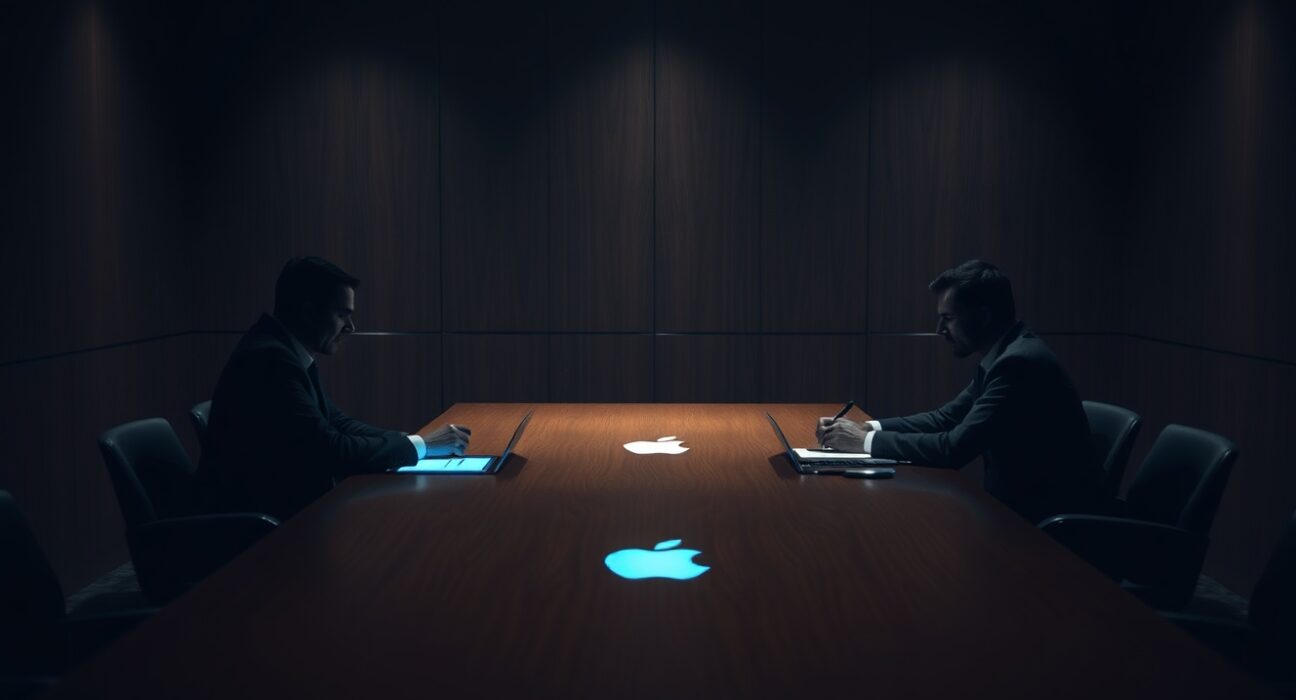 Two silhouetted figures in a tense boardroom meeting representing OpenAI and Apple executives.
