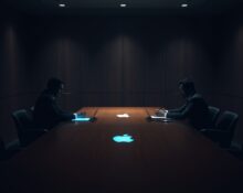 Two silhouetted figures in a tense boardroom meeting representing OpenAI and Apple executives.