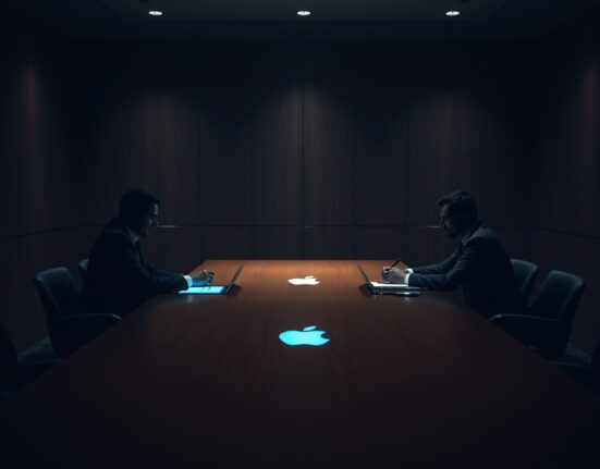 Two silhouetted figures in a tense boardroom meeting representing OpenAI and Apple executives.