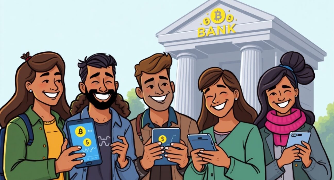 Cartoon illustration of diverse retail investors confidently engaging in retail crypto trading through a secure digital banking platform.