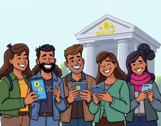 Cartoon illustration of diverse retail investors confidently engaging in retail crypto trading through a secure digital banking platform.
