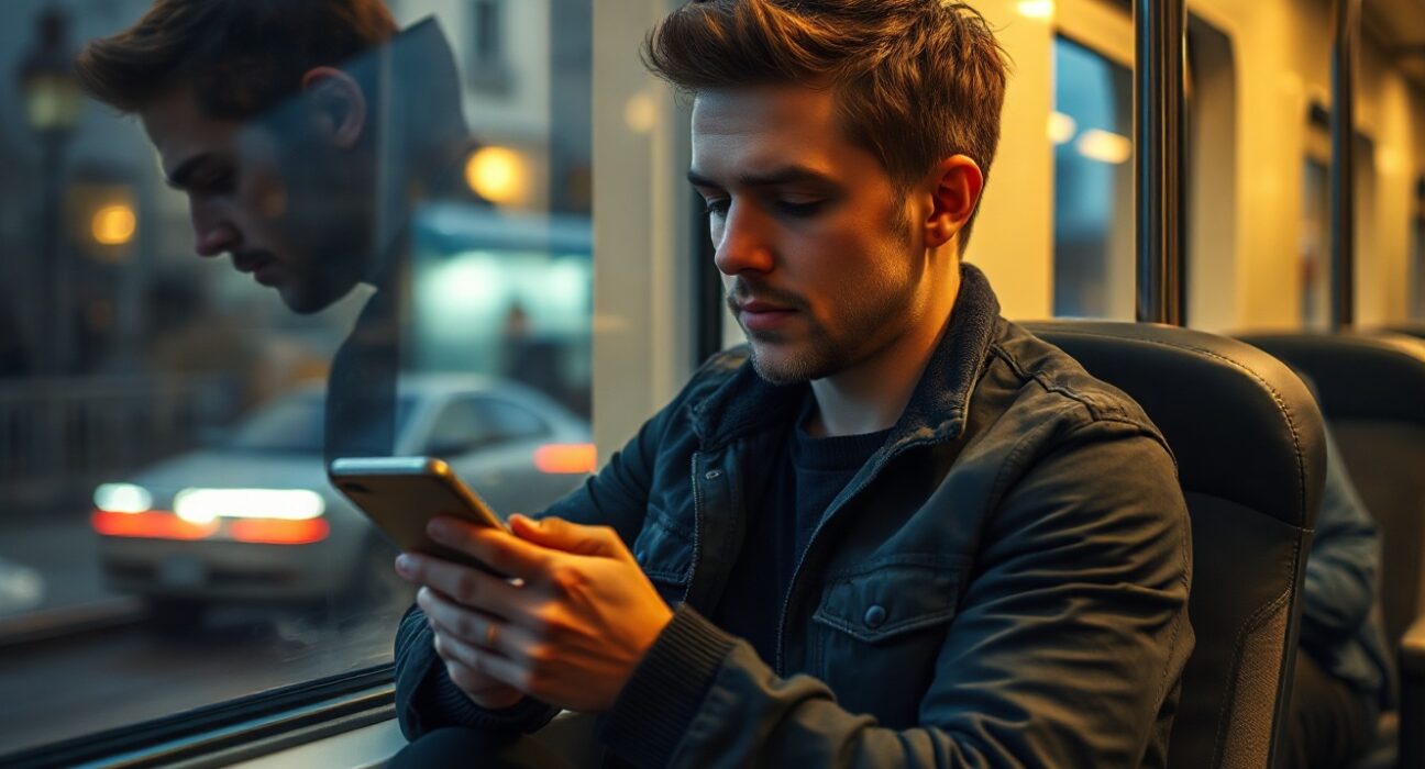 Man looking at smartphone on train, representing AI dating automation trend