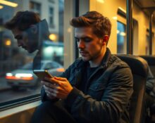 Man looking at smartphone on train, representing AI dating automation trend