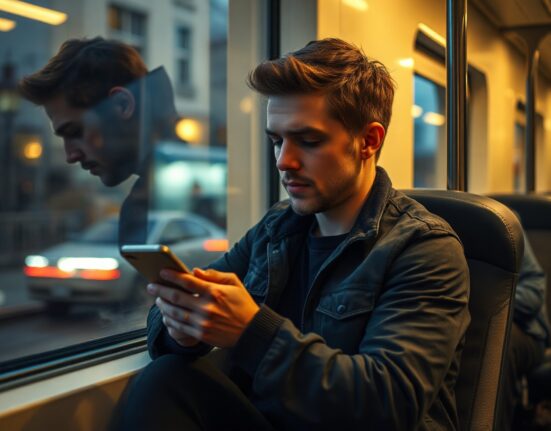 Man looking at smartphone on train, representing AI dating automation trend