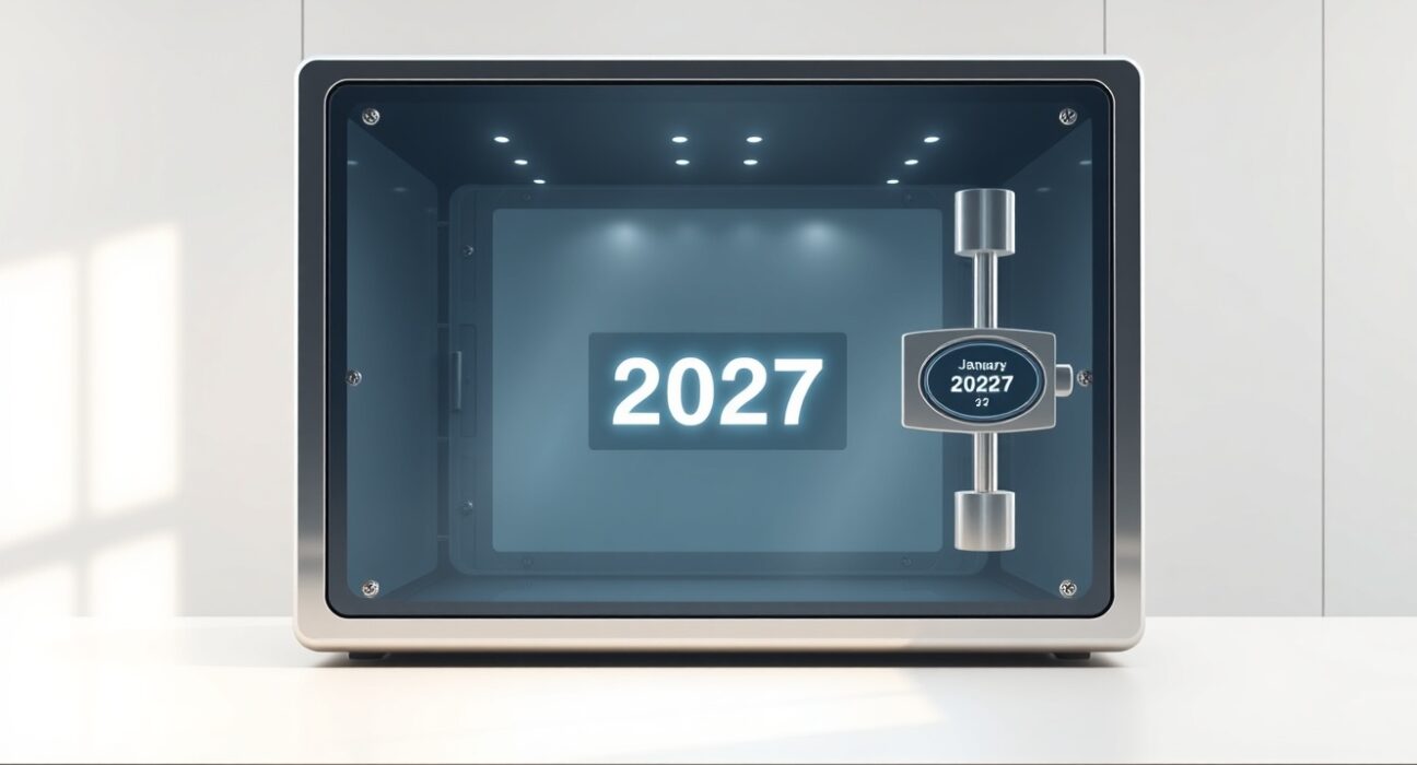 OpenEden's extended token lock-up period symbolized by a secure vault until 2027.