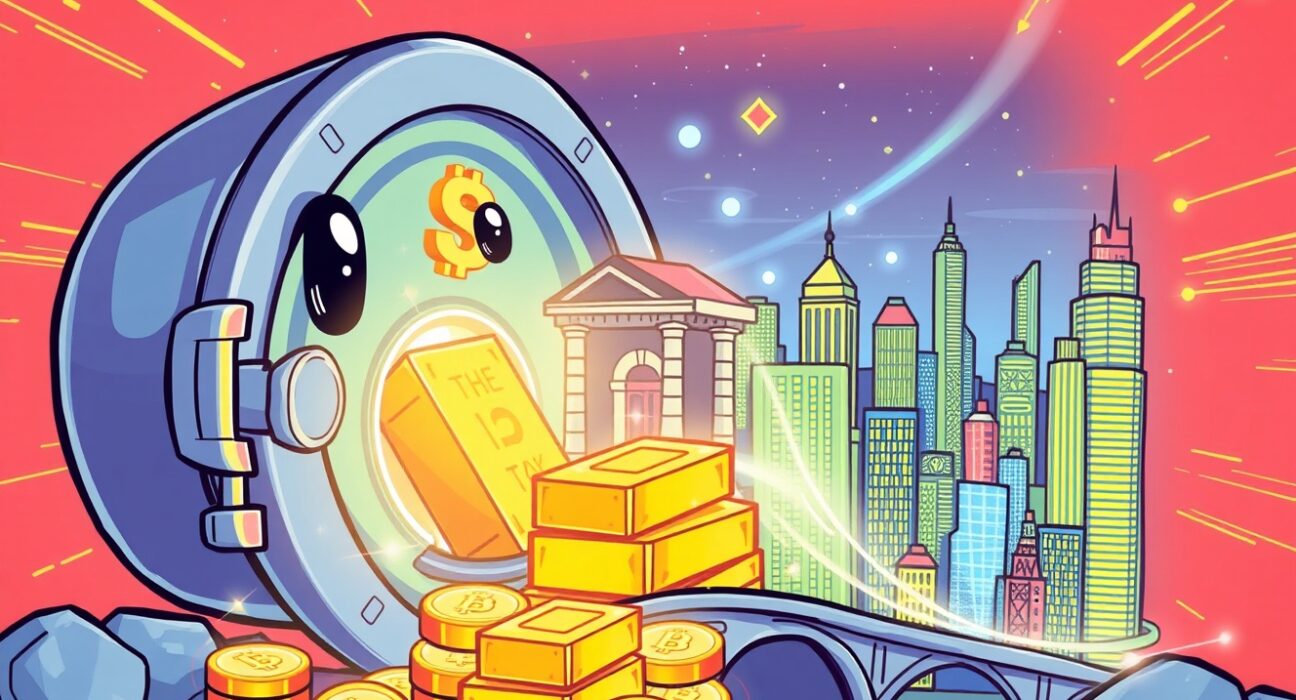 A vibrant cartoon illustrating the tokenization of traditional treasury bills into digital blockchain assets.