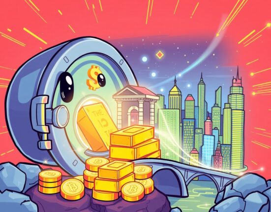 A vibrant cartoon illustrating the tokenization of traditional treasury bills into digital blockchain assets.