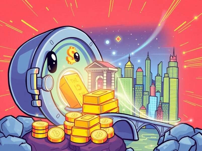 A vibrant cartoon illustrating the tokenization of traditional treasury bills into digital blockchain assets.