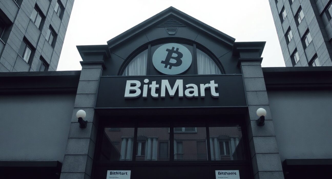 Closed cryptocurrency exchange office building with dark sky, symbolizing potential bankruptcy