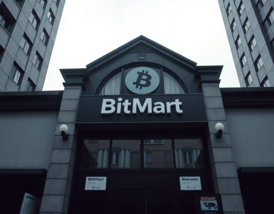 Closed cryptocurrency exchange office building with dark sky, symbolizing potential bankruptcy