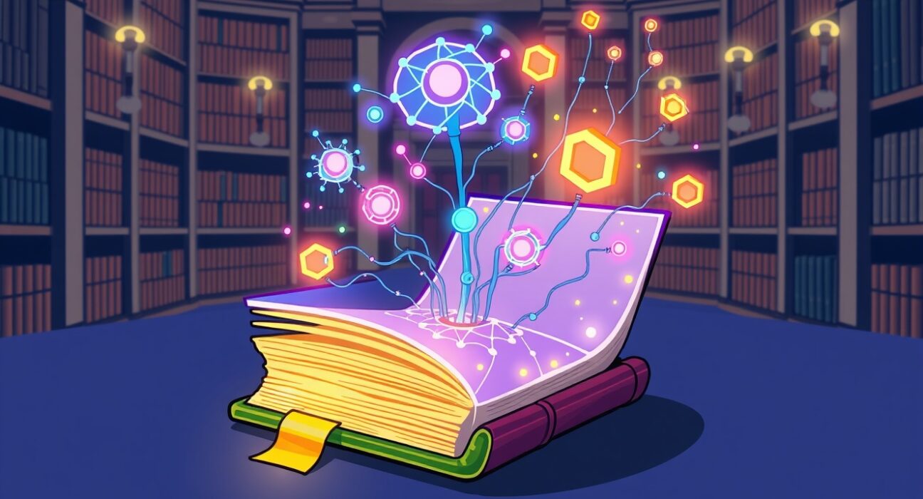 OpenLedger's decentralized AI research grant program illustrated as knowledge flowing from a ledger to a neural network.