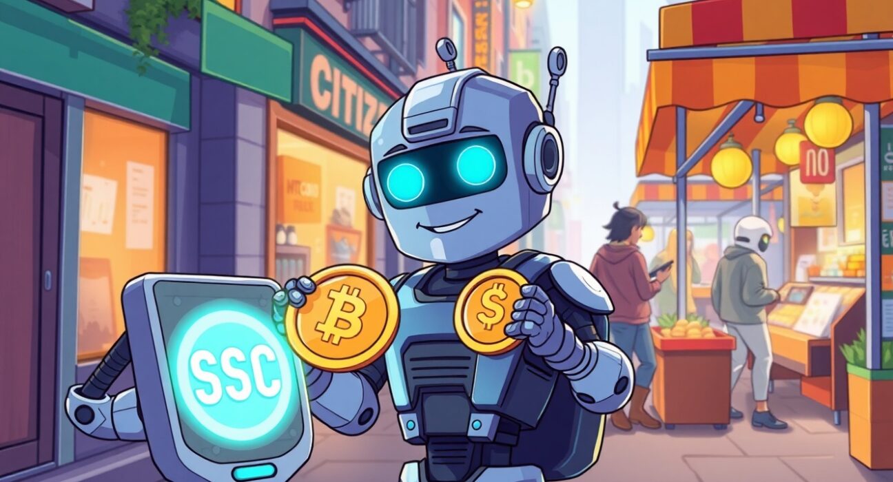 A cartoon robot using AI payment infrastructure to buy goods with digital USDC currency in a vibrant market.