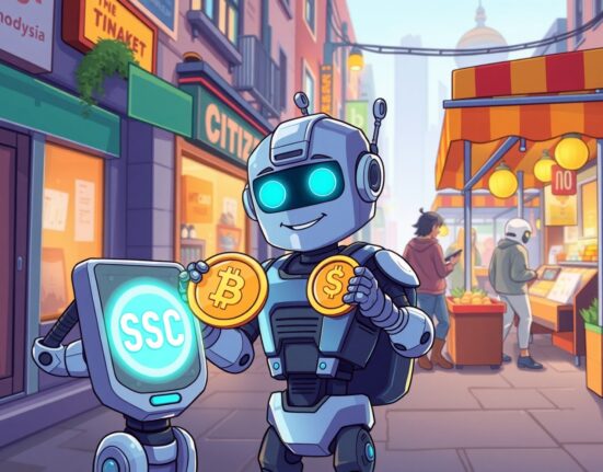 A cartoon robot using AI payment infrastructure to buy goods with digital USDC currency in a vibrant market.