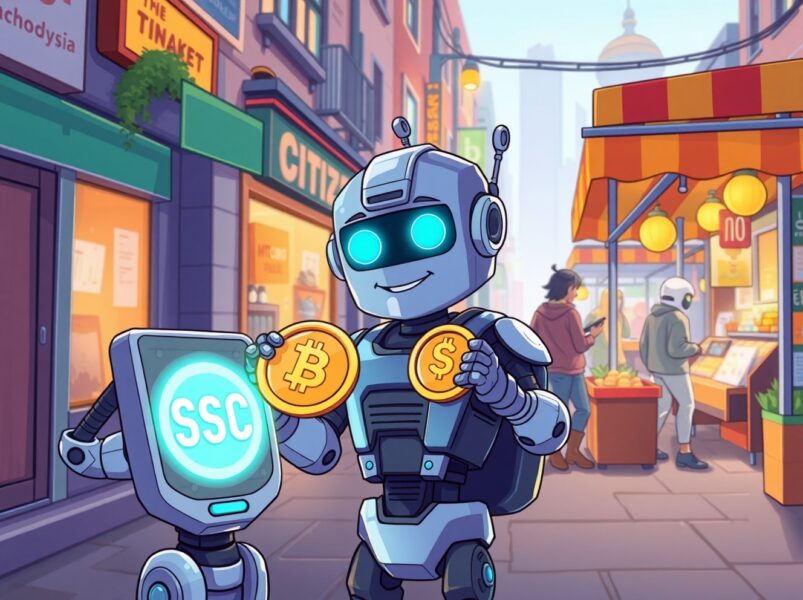 A cartoon robot using AI payment infrastructure to buy goods with digital USDC currency in a vibrant market.
