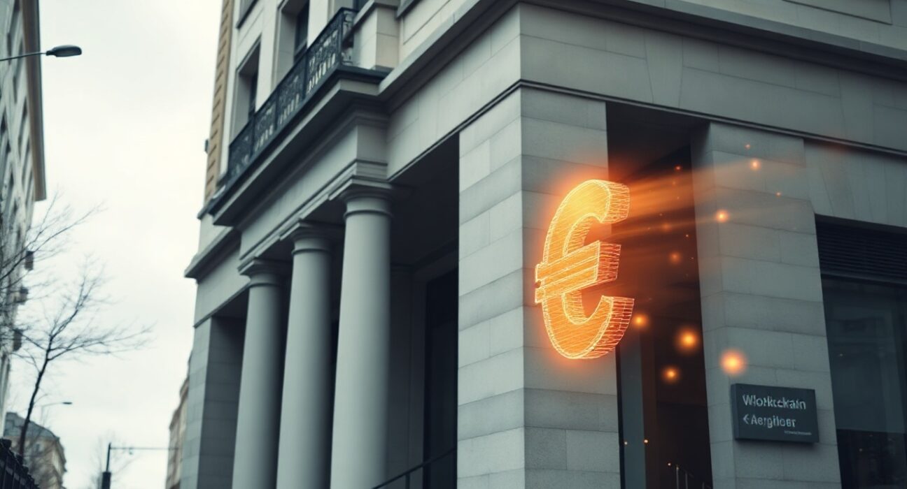 Modern European financial district building with subtle digital blockchain overlay, representing OpenPayd's MiCA license approval.