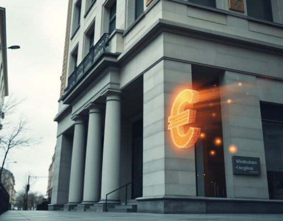 Modern European financial district building with subtle digital blockchain overlay, representing OpenPayd's MiCA license approval.