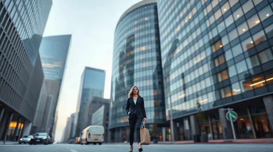 A finance professional walks toward a glass office tower at dawn, illustrating OpenPayd's planned Nasdaq listing.