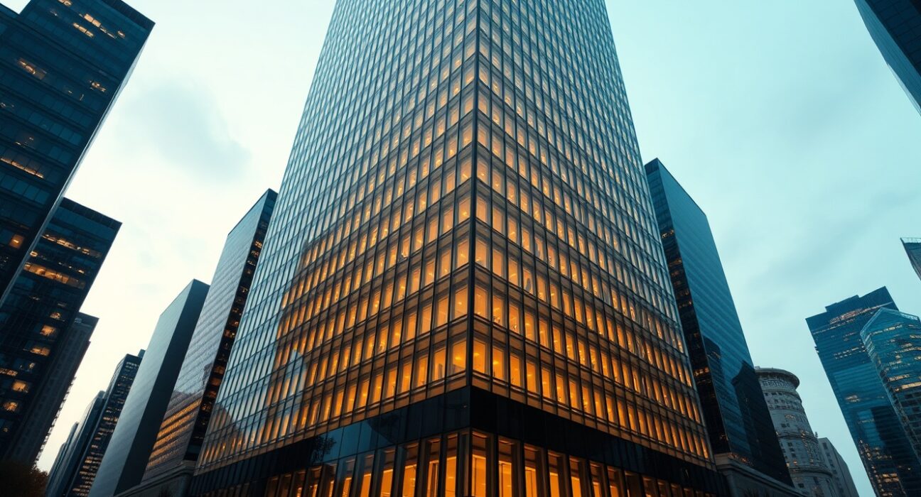 Modern financial district skyline at dusk representing OpenPayd's Nasdaq listing and fintech expansion