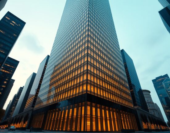 Modern financial district skyline at dusk representing OpenPayd's Nasdaq listing and fintech expansion