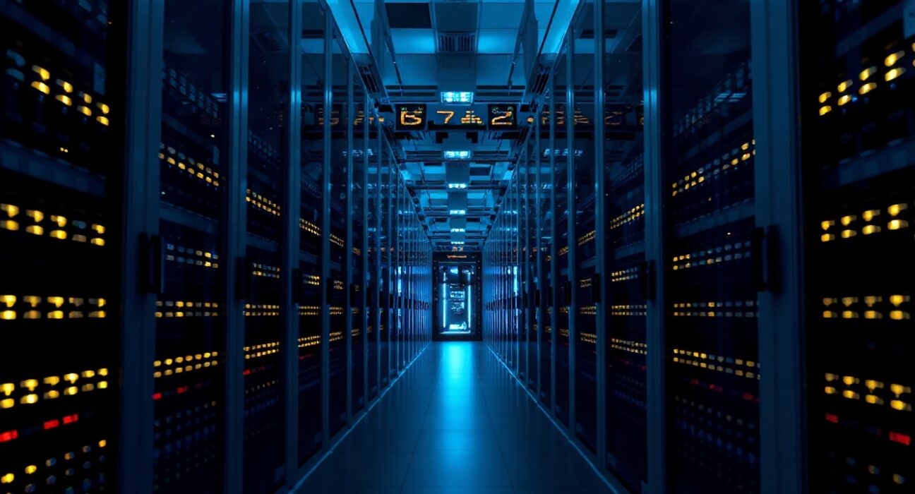 Server racks in a modern data center with blue and amber LED lights, representing AI infrastructure.