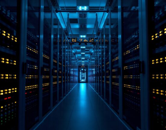 Server racks in a modern data center with blue and amber LED lights, representing AI infrastructure.