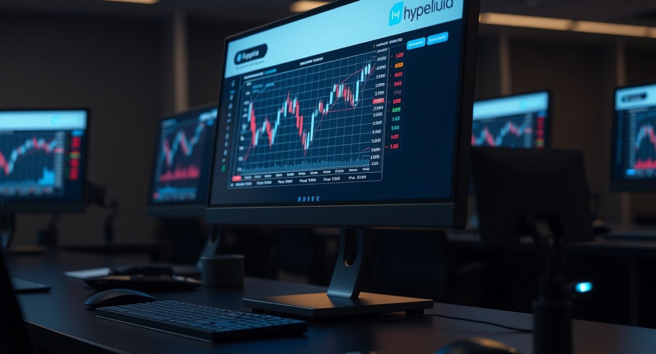 Trading terminal displaying perpetual futures interface with Hyperliquid branding on a professional desk