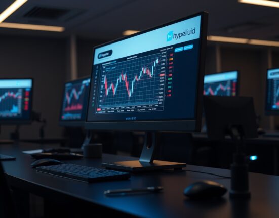 Trading terminal displaying perpetual futures interface with Hyperliquid branding on a professional desk