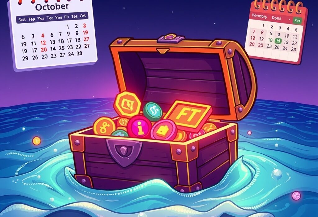 Cartoon illustration of a treasure chest opening to reveal OpenSea tokenomics and NFT details.