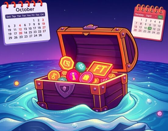 Cartoon illustration of a treasure chest opening to reveal OpenSea tokenomics and NFT details.