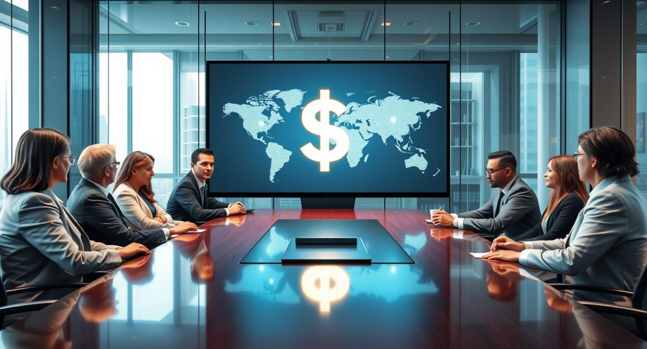 Corporate board meeting discussing Open USD stablecoin launch with global network map on screen.