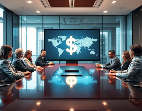 Corporate board meeting discussing Open USD stablecoin launch with global network map on screen.