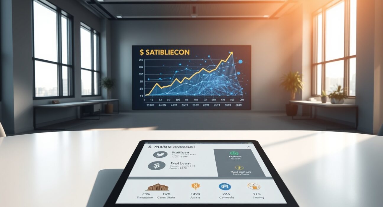 Modern fintech office with digital display showing stablecoin and blockchain data, representing OpenTrade's funding for asset-backed loans