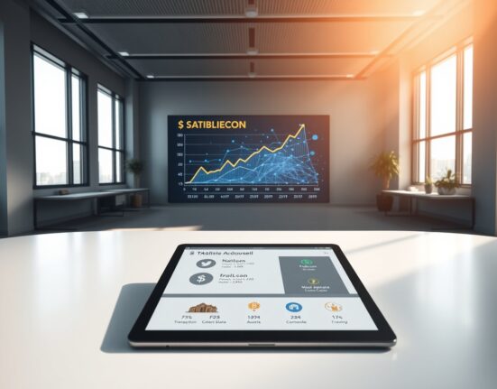 Modern fintech office with digital display showing stablecoin and blockchain data, representing OpenTrade's funding for asset-backed loans