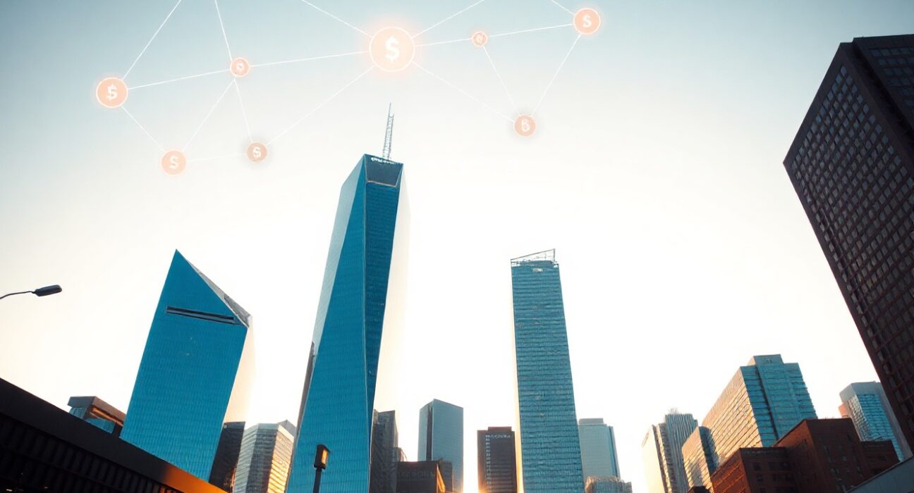 Financial district skyline with digital blockchain overlay symbolizing stablecoin integration
