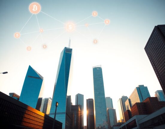 Financial district skyline with digital blockchain overlay symbolizing stablecoin integration