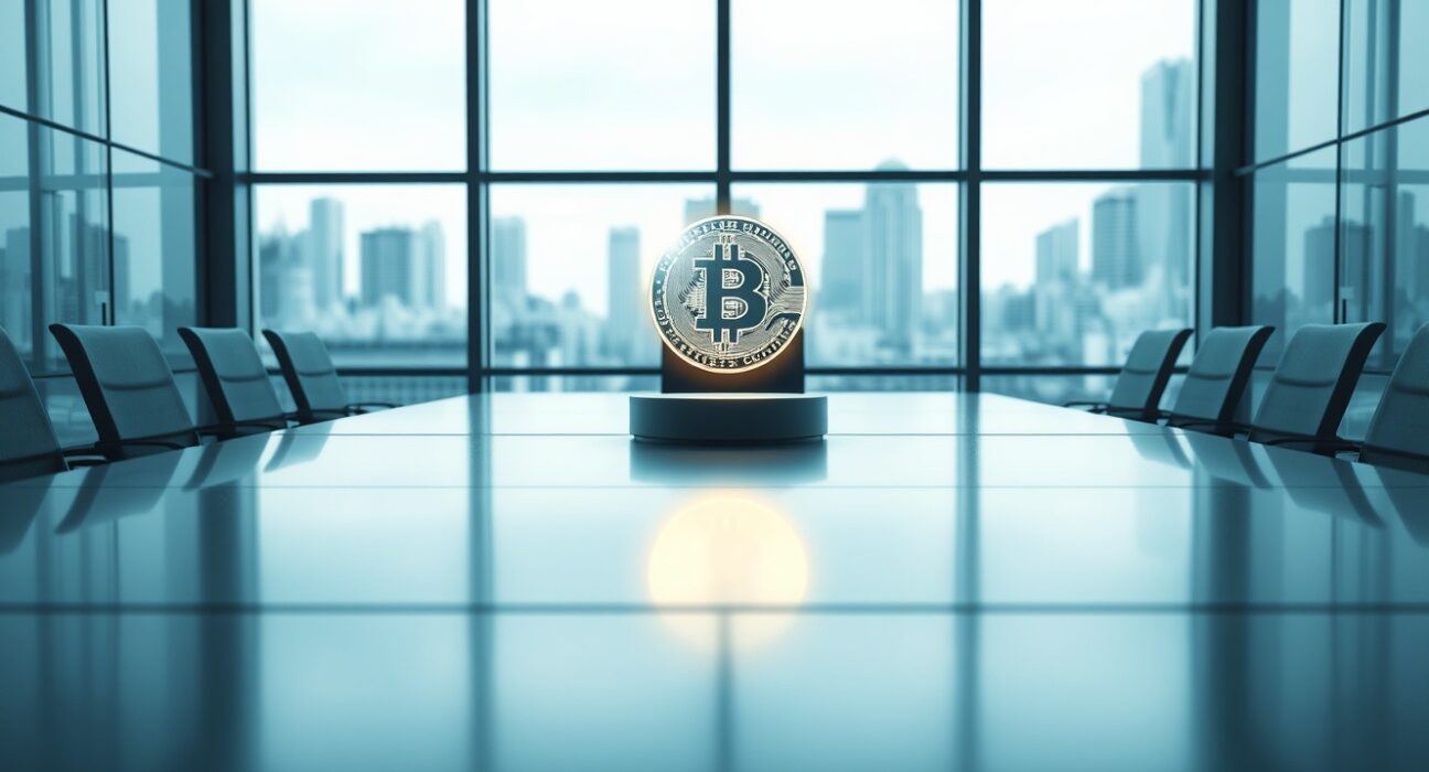 Empty boardroom with a glowing digital coin on the table representing the OpenUSD stablecoin consortium challenges