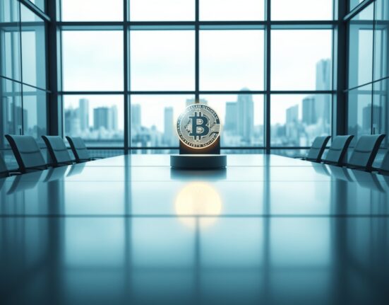 Empty boardroom with a glowing digital coin on the table representing the OpenUSD stablecoin consortium challenges