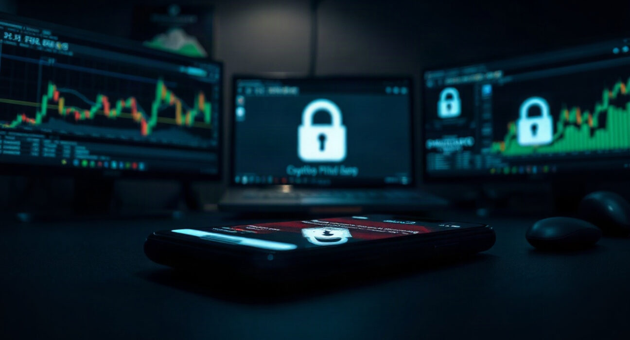 Smartphone displaying a phishing email with cryptocurrency charts in the background, illustrating the Operation Asterix campaign.