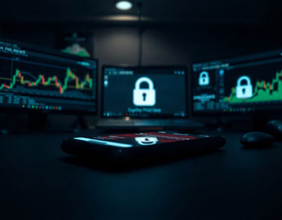 Smartphone displaying a phishing email with cryptocurrency charts in the background, illustrating the Operation Asterix campaign.