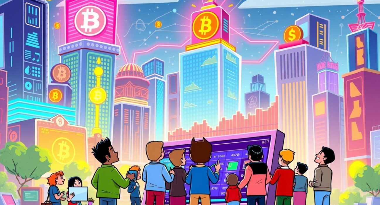 A vibrant cartoon illustrating the growth of a BNB Chain prediction market with data streams and forecasting boards.