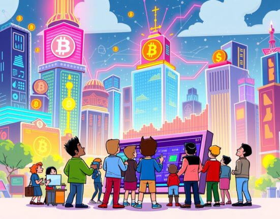 A vibrant cartoon illustrating the growth of a BNB Chain prediction market with data streams and forecasting boards.