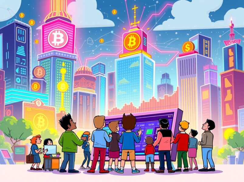 A vibrant cartoon illustrating the growth of a BNB Chain prediction market with data streams and forecasting boards.