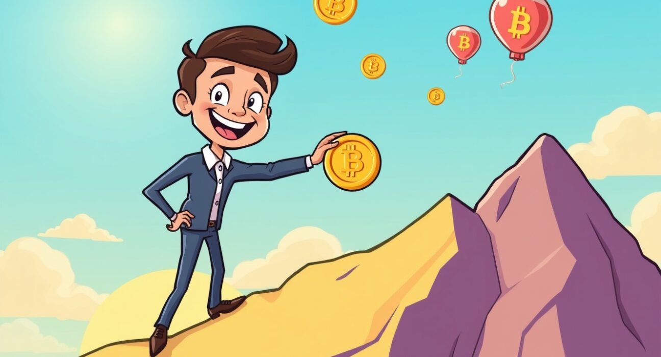 Confident investor buying spot crypto during a market uptrend with golden coins and rising graphs.